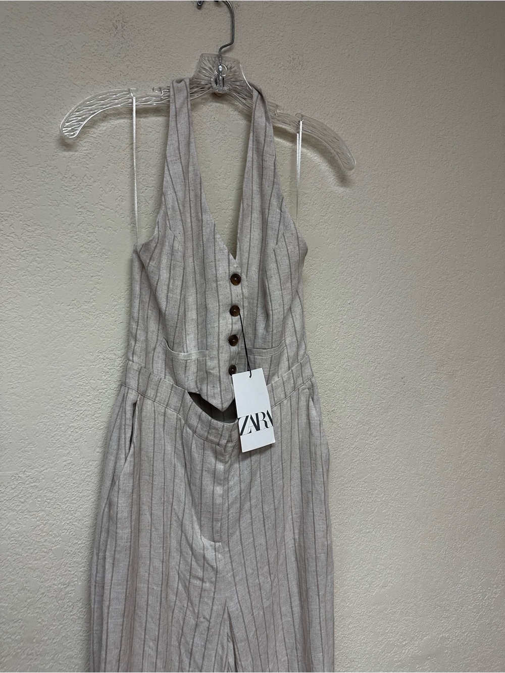 ZARA NWT Sleeveless Cream Pinstripe Jumpsuit size S - Picture 3 of 5